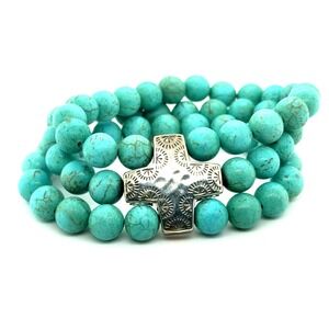 Silpada Sterling Silver Turquoise Magnesite Triple Strand Cross Stretch Bracelet